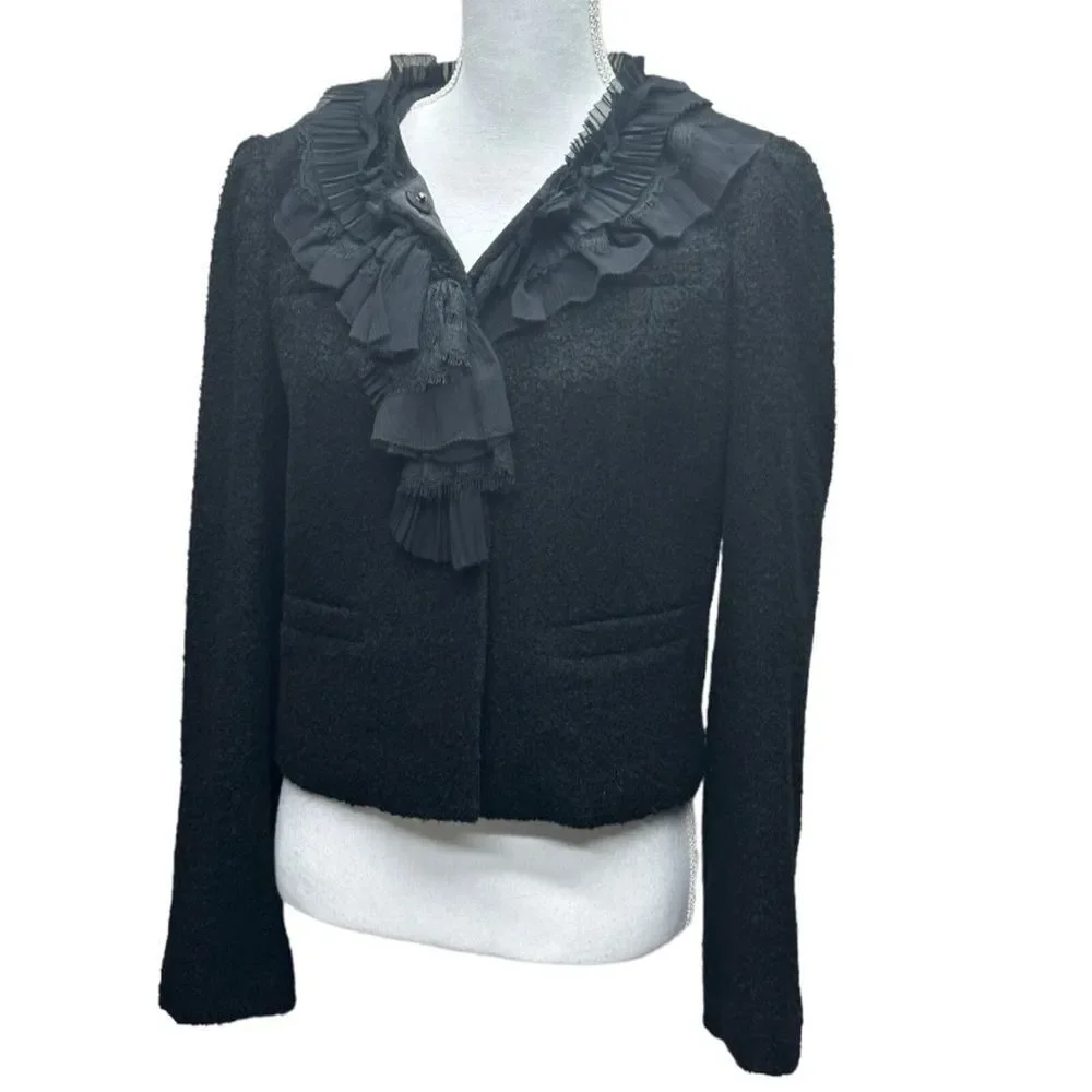 Ann Taylor Black Wool Blend Cropped Blazer With Lace & Ruffles Size‎ 8